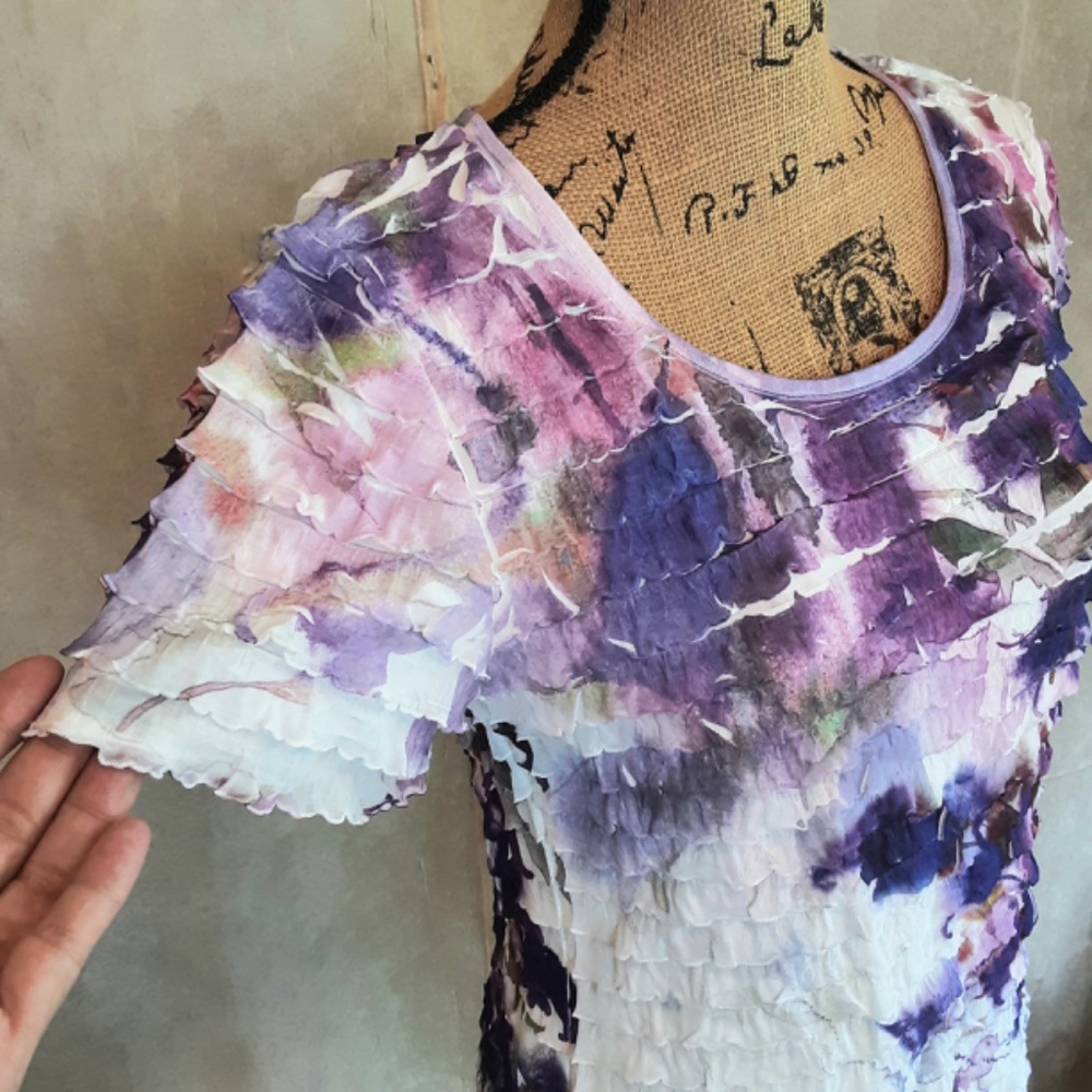 Cato Purple Watercolor Layered Ruffles Pullover Short Sleeve Shirt S